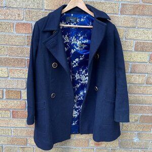 Vintage 1998 Flippa K Floral Print Pea Coat Small Navy Blue
